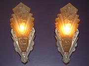 ON HOLD Pair Massive Art Deco Wall Sconces Nickel Finish and Consolidated Shades. Home Theater!