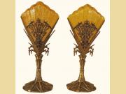 Pair Bronze Dragonfly Mantle Lamp with Honey Colored Shades