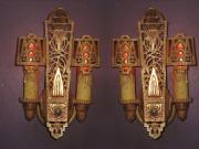 Pair Bronze and Brass Two Bulb Wall Sconces with Mica Shades