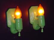 Pair Vintage 1920s Green Porcelain Lighting Sconces. Original antique green fixtures