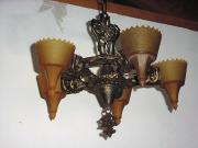 5 Shade Vintage Tudor Light Fixture 1920s. Antique glass shades
